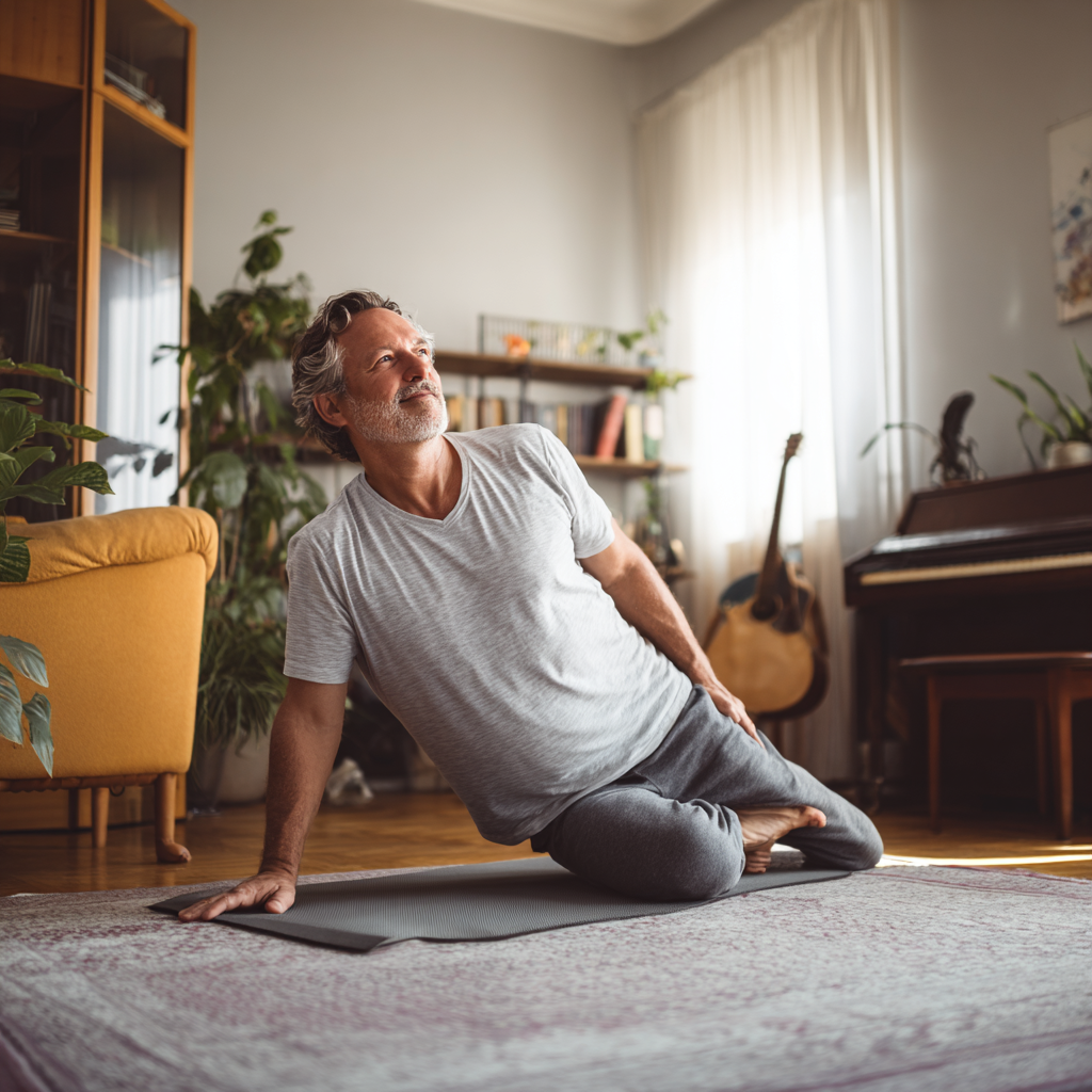 Middle-aged adult performing gentle mobility exercises in natural environment
