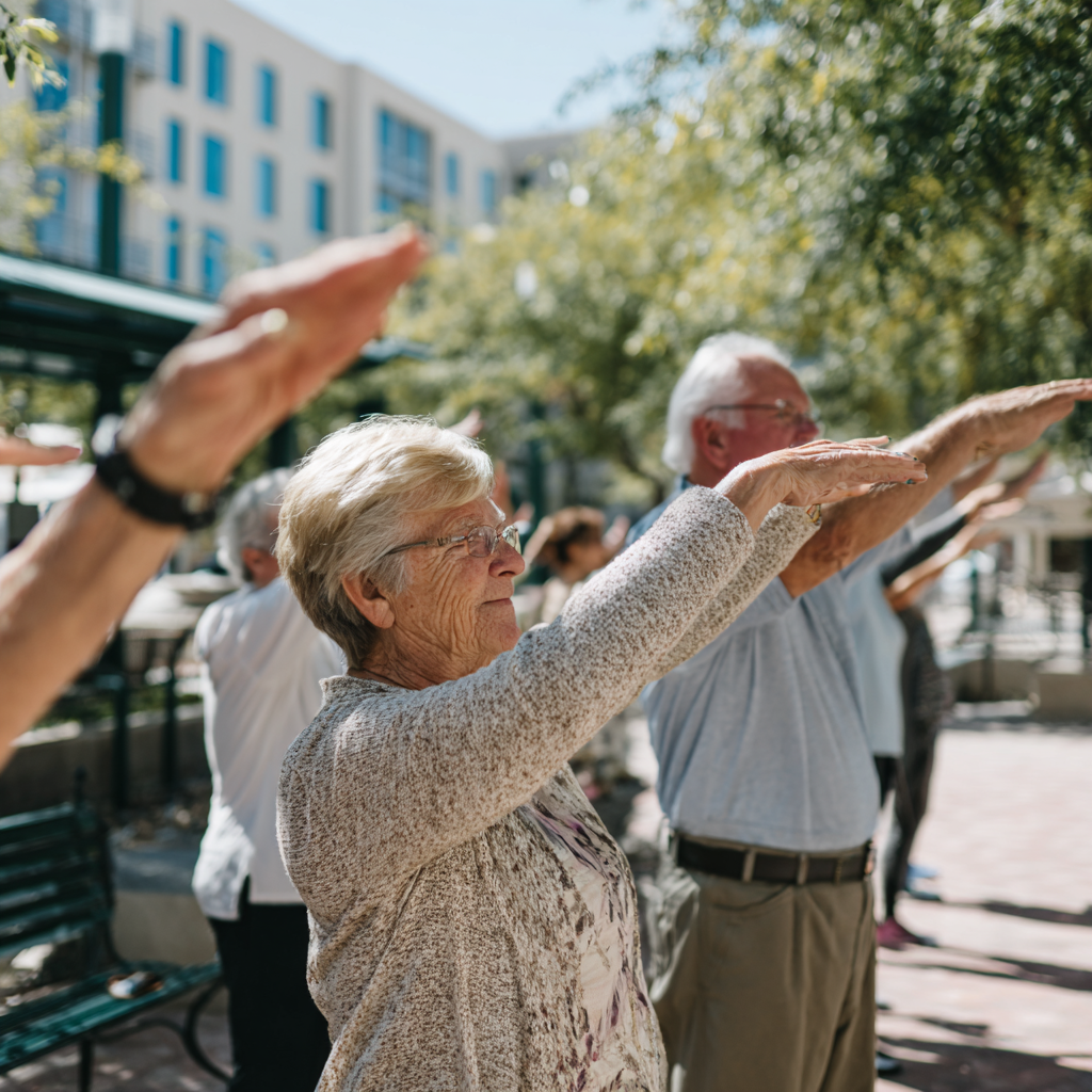 Older adults participating in gentle group exercise session outdoors